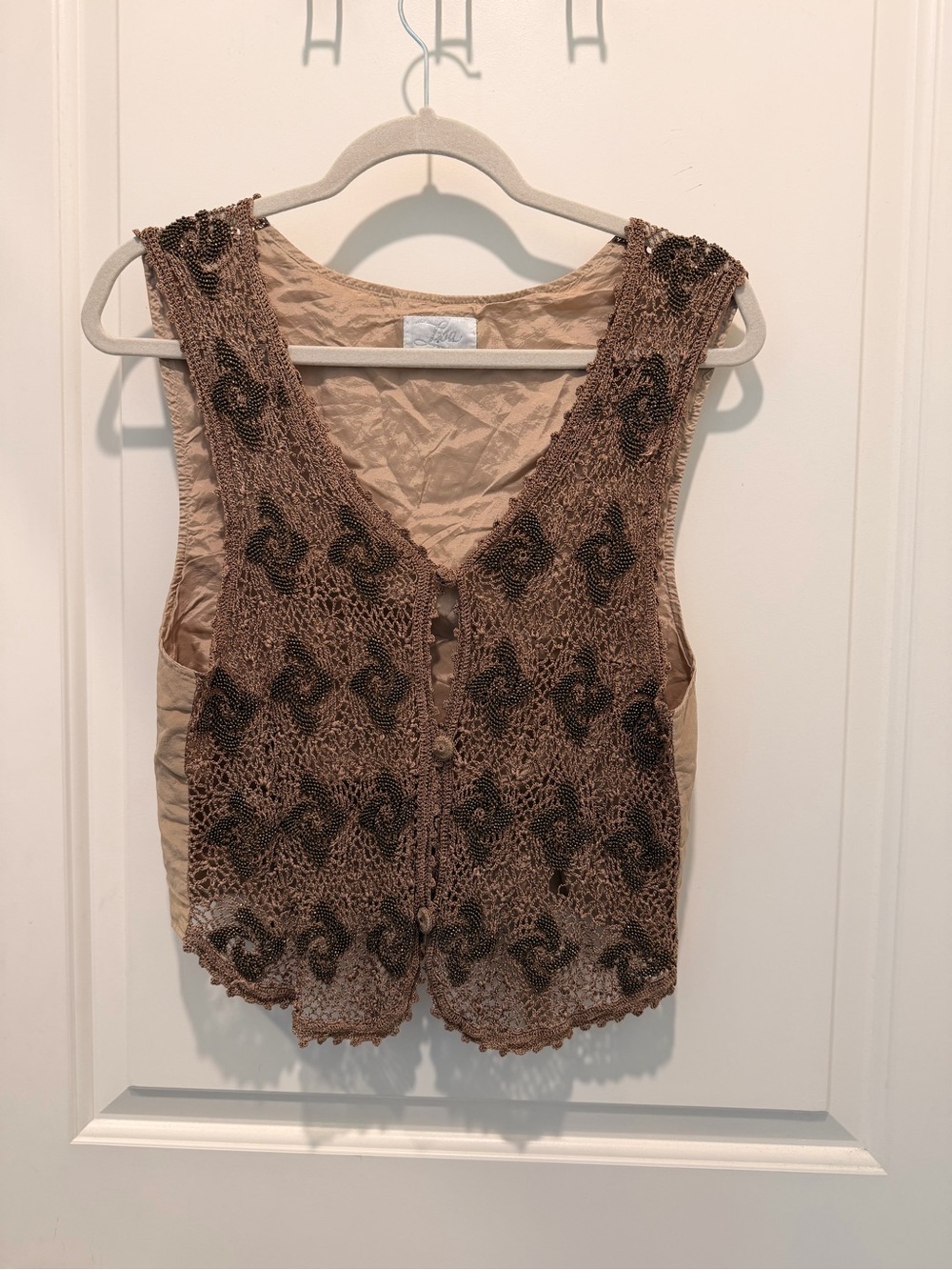 Lisa Vintage Beaded
Crochet Button-Down Vest with Buckle Back Size S